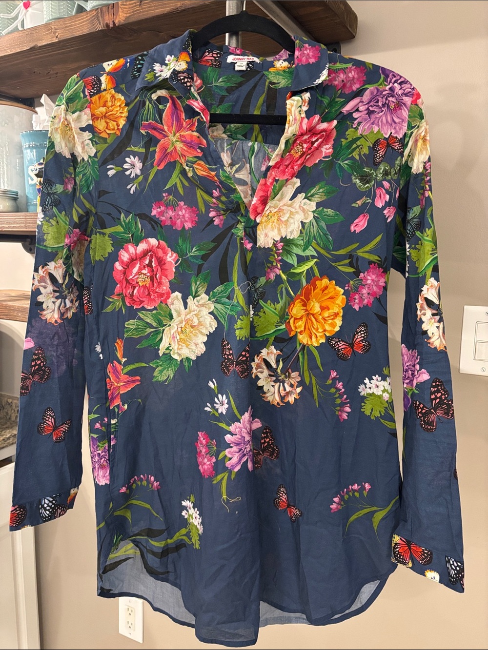 Johnny Was 100% Cotton Navy Floral & Butterfly Tunic Blouse — Size XS